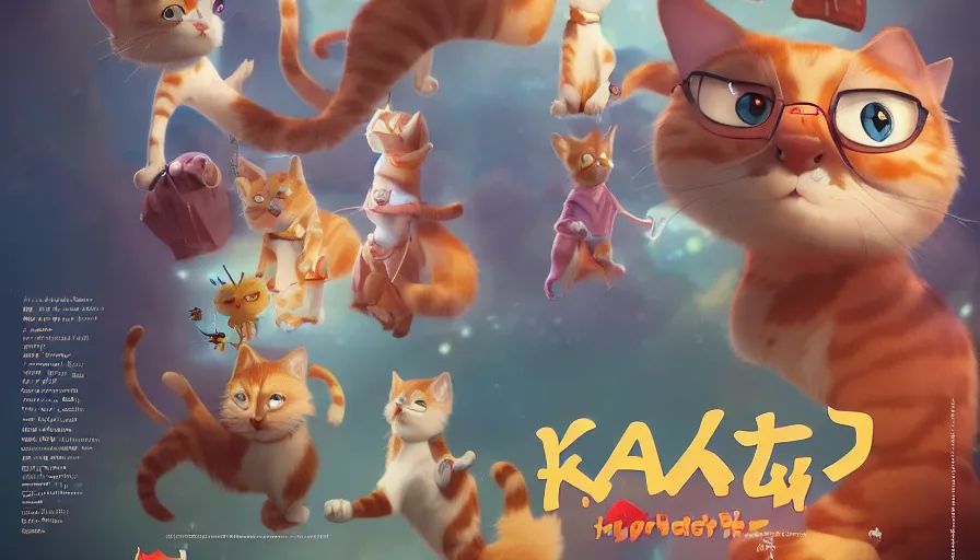 Image similar to promotional poster for a cartoon movie about a little cat called kawa, hyperdetailed, artstation, cgsociety, 8 k