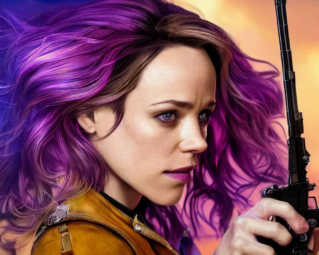 Prompt: Rachel McAdams in heroic pose with weapon, cinematic, 4k, hyper realistic, super detailed, colorful accents, purple hair, golden ratio, symmetrical face, highly detailed professional photo, centered, rim lights, vray caustics, hyper realistic