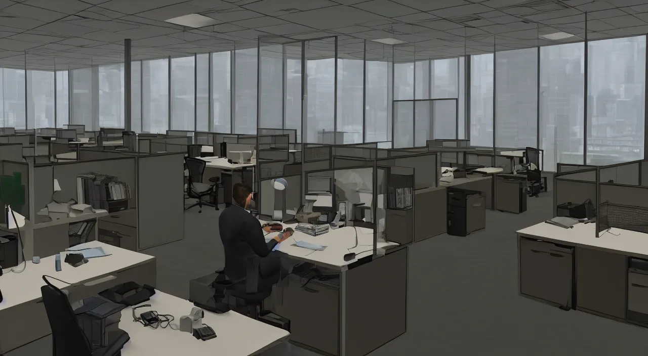 Image similar to A man in the office at 3AM with multiple cubicles and a window that provides a view of the city, Source Engine, Gmod, Half Life 2