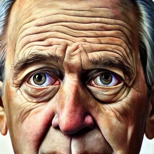 Image similar to hyperrealistic close up studio portrait of aging old George W Bush age 85 wrinkled weeping, oil painting by Ivan Albright and Lucian Freud and Ron Mueck, trending on artstation Studio lighting hyperrealism