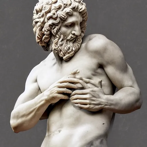 Image similar to greek or roman sculpture in marble of a philosopher holding a skull, in a museum background, hyperrealistic photograph in the style of bernini, golden hour