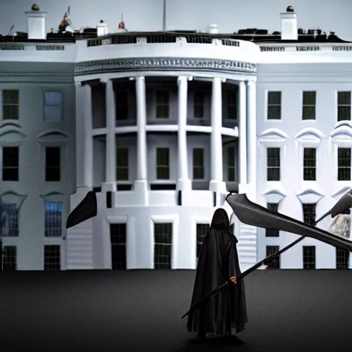 Prompt: gandalf attacks the white house, videogame still, portrait, 4 0 mm lens, shallow depth of field, close up, split lighting, cinematic