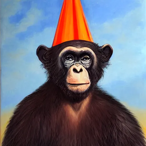 Prompt: An exquisite oil painting of a chimpanzee dressed like the DUke of Wellington with a traffic cone on his head