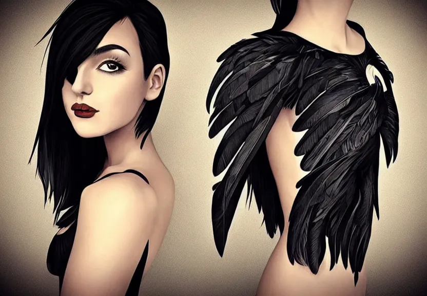 Prompt: beautiful girl with a short black haircut wearing a dress made of black feathers, artwork in artgerm art style, anatomically perfect