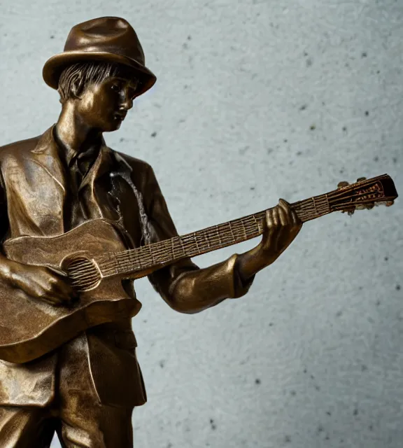 Prompt: a 4 k photorealistic photo medium shot of a bronze statue of a young man wearing a fedora holding a guitar.