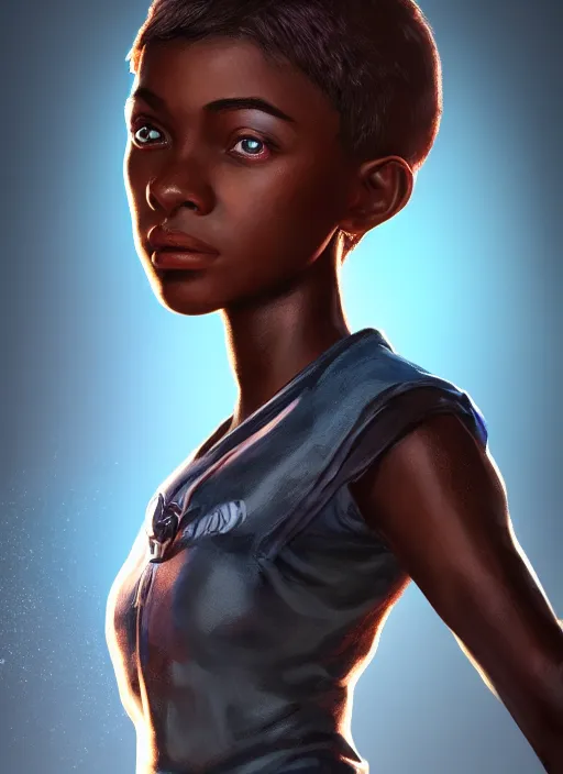 Image similar to An epic fantasy comic book style portrait painting of a young dark skinned girl with short hair dressed as a boy in a cap, unreal 5, DAZ, hyperrealistic, octane render, cosplay, RPG portrait, dynamic lighting