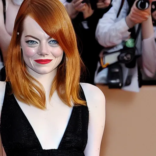 Prompt: emma stone reveals her inner reptile, paparazzi photo, front flash, motion blur