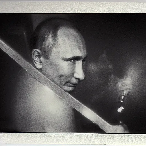 Image similar to vladimir putin is vampire having sharp teeth, is in minerals cave, polaroid black and white picture, 1 9 th century, scary horrifying