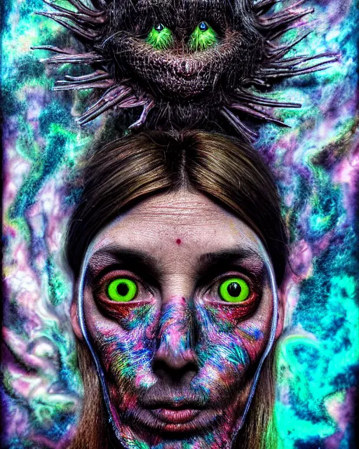 Image similar to realistic portrait of a creature experiment gone wrong, psychedelic, dark art, facing camera, photo realistic, detailed, 1 4 5 0, delicate, hyper realism, ultra realistic, 8 k