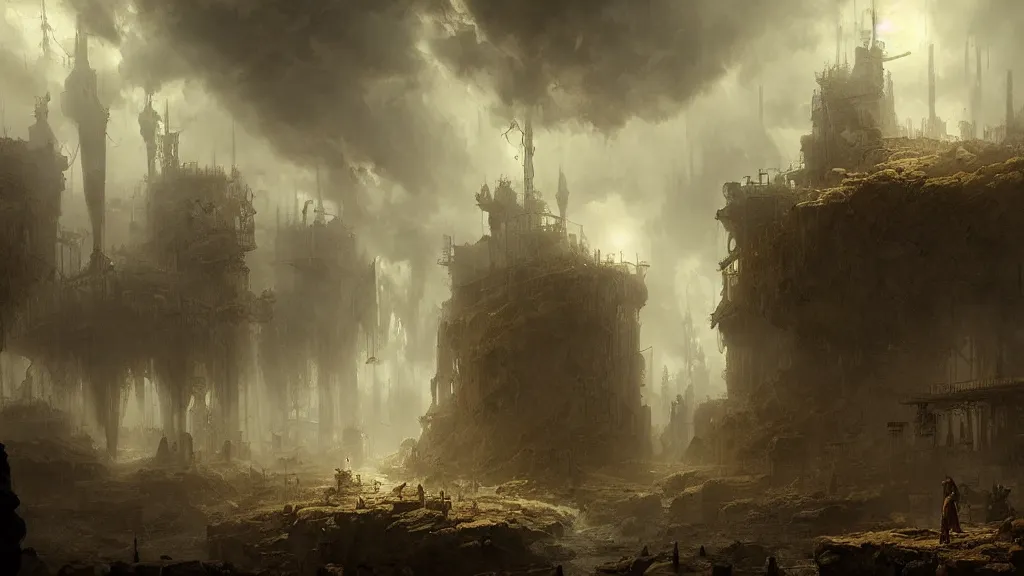 Prompt: steampunk landscape underground, andreas achenbach, artgerm, mikko lagerstedt, zack snyder, tokujin yoshioka