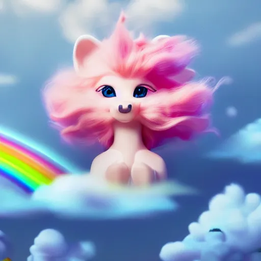 Image similar to cutest huge fantasy cloud animal, with sprouting rainbow hair, hd, japanese anime artist drawn, dlsr, dream animal cute eyes, trending on artstation, cotton candy, octane render, cinematic