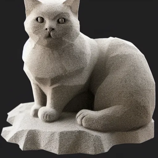 Prompt: low poly cute cat sculpted with granite, crystals