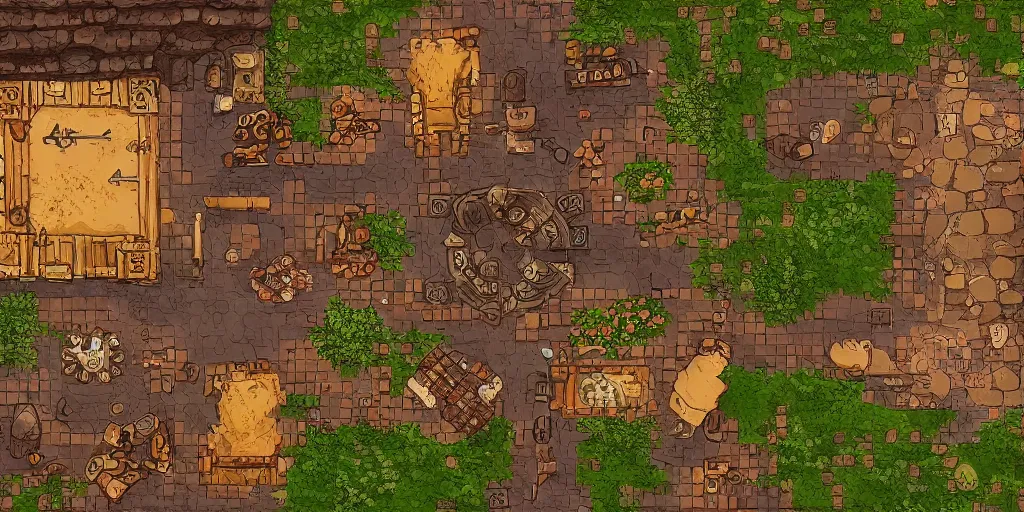 Prompt: A high detailed vector art presenting an aerial view of a RPG tavern by dungeondraft, dofus, Patreon content, containing tables and walls, HD, straight lines, vector, grid, dnd map, map patreon, fantasy maps, foundry vtt, fantasy grounds, aerial view ,dungeondraft , tabletop, inkarnate, dugeondraft, roll20