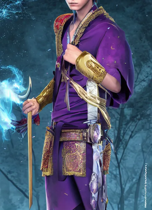 Prompt: An epic fantasy comic book style portrait painting of teenager boy with straight indigo hair, purple eyes with red eye markers, slim body, wearing a detailed Japanese kimono with golden armpieces, holding a pair of fans. Unreal 5, DAZ, hyperrealistic, octane render, cosplay, RPG portrait, dynamic lighting