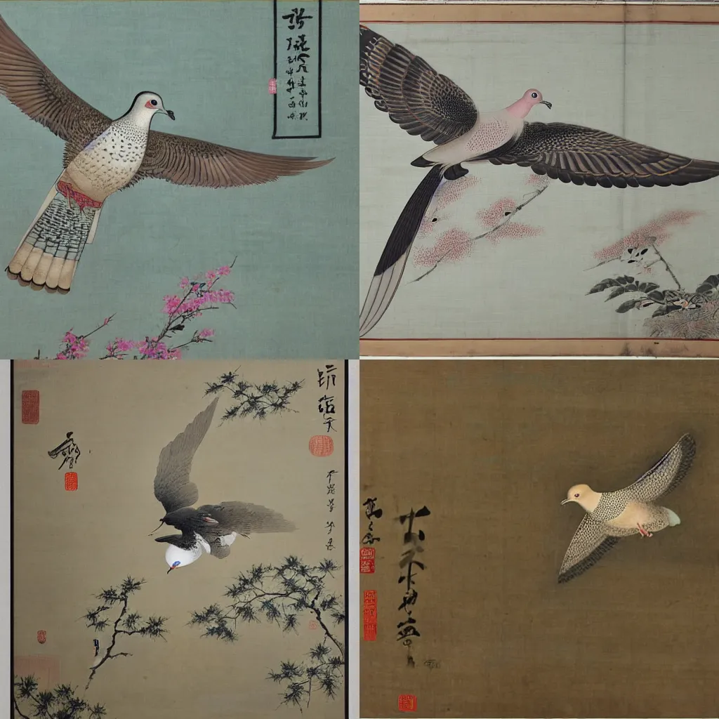 Prompt: A spotted dove flying in Lujiazui, Qing dynasty painting