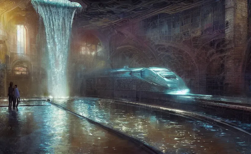 Image similar to An urban train rides inside of a waterway on a fantasy city, next to a fountain and a mystical palace, waterfall, intricate, elegant, volumetric lighting, digital painting, highly detailed, artstation, sharp focus, illustration, concept art, ruan jia, steve mccurry