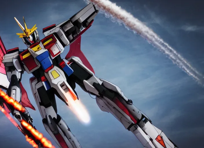 Prompt: A Gundam riding a rocket.