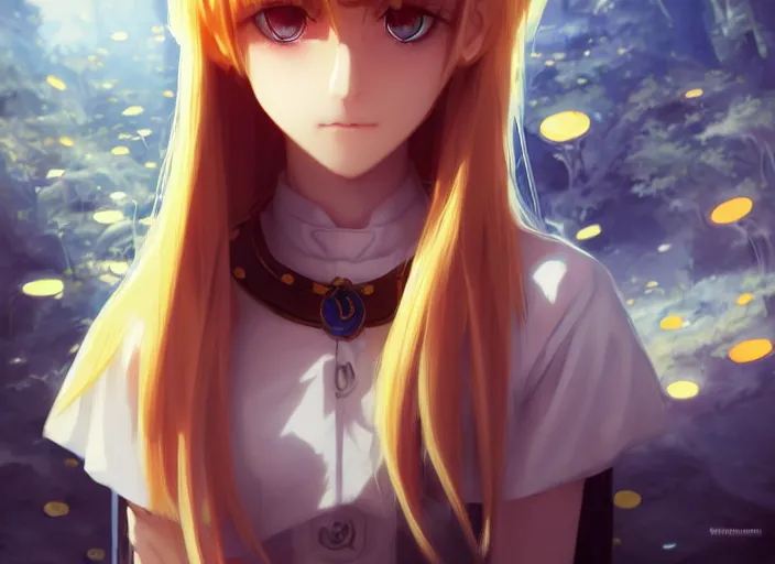 Prompt: rimuru playing chess, with amber eyes of golden colored eyes, straight hair, sky blue hair, long bangs, high collar, concept art, award winning photography, digital painting, cinematic, by wlop, anime key visual, wlop, 8 k, by ross tran, tom bagshaw, andy warhol