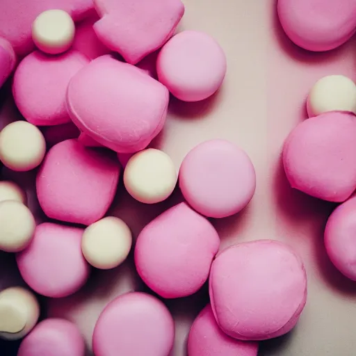 Image similar to photo of Peppa Pig, pink-frosted donuts, pink balloons, chess board, 50mm, beautiful photo