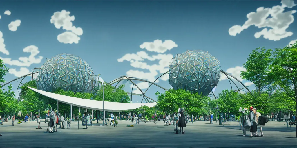 Image similar to montreal expo 6 7 pavillion, solarpunk, studio ghibli, jean - baptiste monge, octane render, 4 k, symmetry