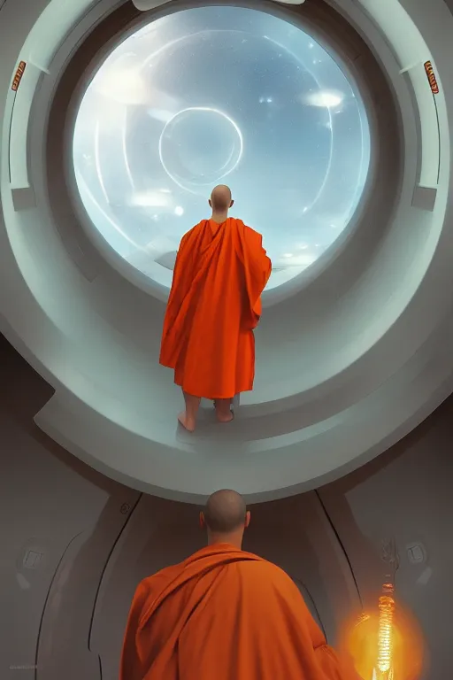 Prompt: portrait of a monk in a spaceship, round window, exploding planet, orange robe, dramatic lighting, artstation, matte painting, ralph mcquarrie