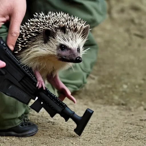 Image similar to still image of a hedgehog wearing body armor, hedgehog soldier with a gun, the hedgehog is holding a rifle, photo