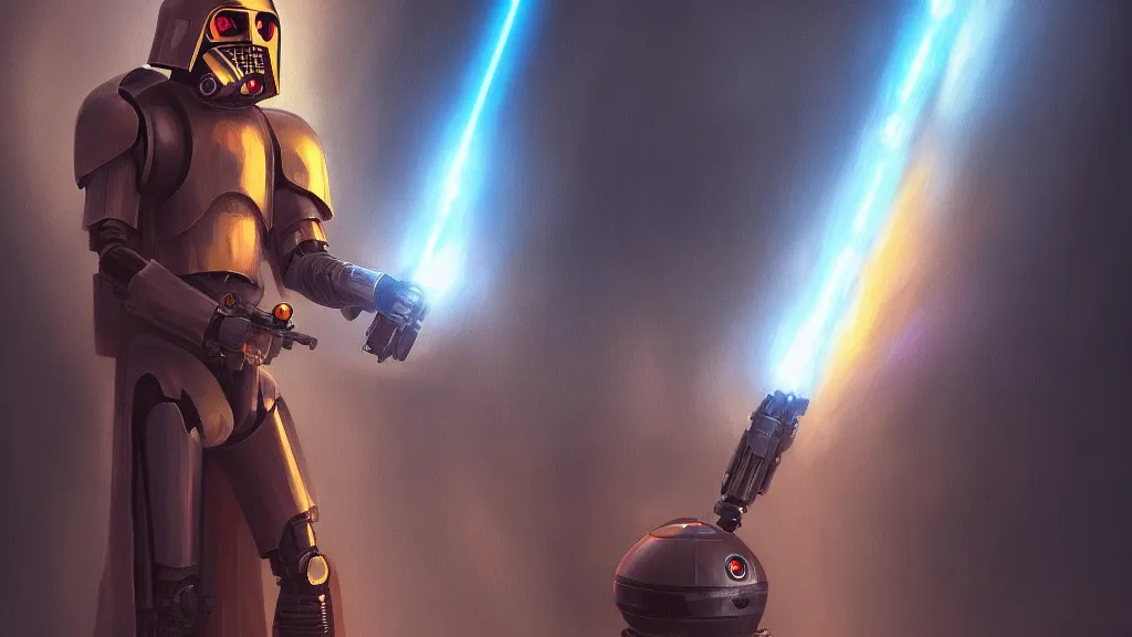 Image similar to A KX-Series security droid from star wars wearing a hooded cloak, he is wielding an orange lightsaber, dreamscape, dramatic lighting, fantasy art illustration, trending on artstation, Aetherpunk