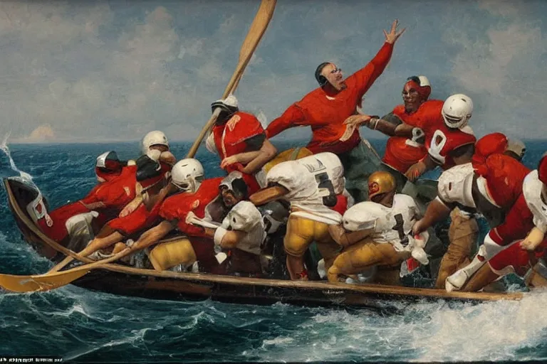 Prompt: a rowboat filled with nfl players in football helmets and pads, one has a harpoon, they are chasing a whale, american oil painting