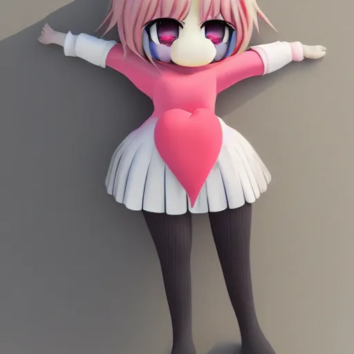 Image similar to cute fumo plush of a girl with a big heart, hair blocking eyes, twee velvet dressed monstergirl, v - sign, blob anime, bokeh, vray