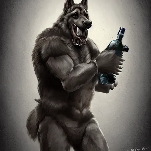 Image similar to a humanoid german shepherd beast - man in military style, holding a bottle of beer, artstation, concept art, smooth, sharp foccus ilustration, artstation