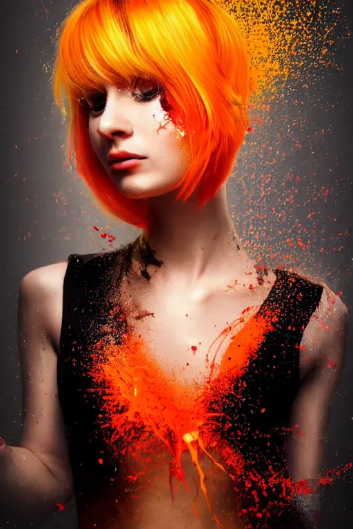 Image similar to a award winning half body portrait of a beautiful woman in a croptop and cargo pants with ombre red orange yellow hairstyle with head in motion and hair flying, paint splashes, splatter, outrun, vaporware, shaded flat illustration, digital art, trending on artstation, highly detailed, fine detail, intricate