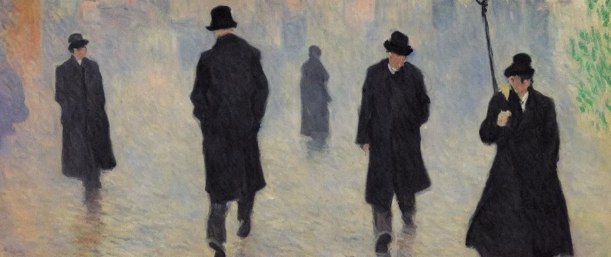 Image similar to a drunk and depressed film noir detective in a trench-coat, walking along a street; a painting by Claude Monet