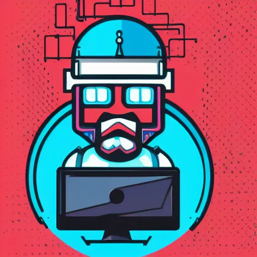 Image similar to cybernetic viking in front of computer, logo, vector art, cartoon illustration