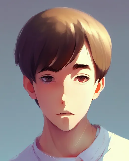 Image similar to teen boy with short hair, dark blonde, bangs, unibrow bushy eyebrows, mischievous grin, portrait shinkai makoto studio ghibli studio key hideaki anno sakimichan stanley artgerm lau rossdraws james jean marc simonetti elegant highly detailed digital painting artstation pixiv