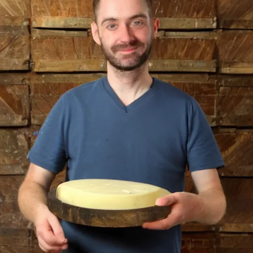 Prompt: simon whistler eating a large wheel of cheese,