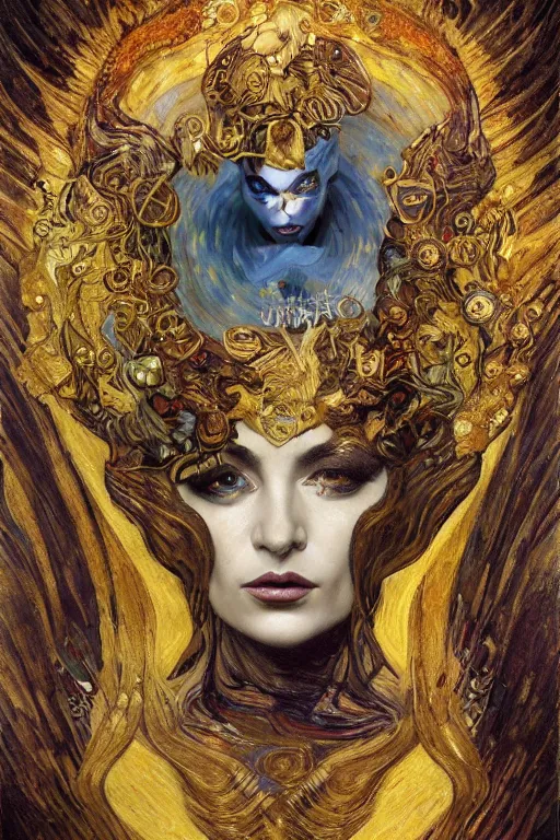 Image similar to Intermittent Chance of Chaos Muse by Karol Bak, Jean Deville, Gustav Klimt, and Vincent Van Gogh, trickster, enigma, Loki's Pet Project, destiny, Poe's Angel, whimsical, Surreality, creativity, inspiration, muse, otherworldly, fractal structures, arcane, ornate gilded medieval icon, third eye, spirals