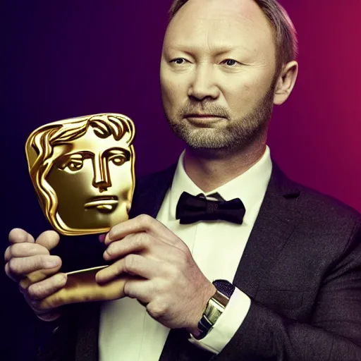 Prompt: limmy brian limond holding bafta award, realistic artstyle, wide shot, dramatic lighting, octane render, hyperrealistic, high quality, highly detailed, hd, beautiful, cinematic, 8 k, unreal engine, facial accuracy, symmetrical,