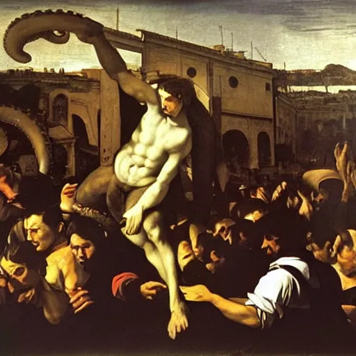 Prompt: painting of a giant octopus in an italian square crowded with frightened people in 1800s, Caravaggio