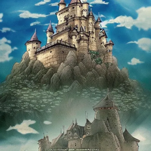 Image similar to a castle floating in a cloud with mythical creatures flying around it, exquisitely detailed, Miyazaki film, retro aesthetic, fantasy,