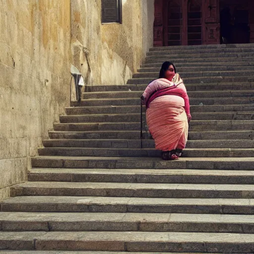 Image similar to a fat Indian woman holding a rollator on steps in Porto, greg rutkowski