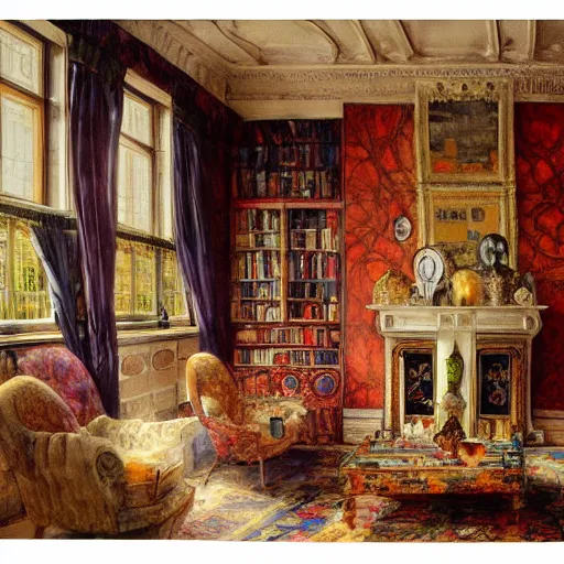 Image similar to a beautiful intricate watercolor illustration of a victorian livingroom 4 k, ultra - wide angle, by william turner, by gustav klimt, hd, trending on artstation, hyper detailed, muted intense colors