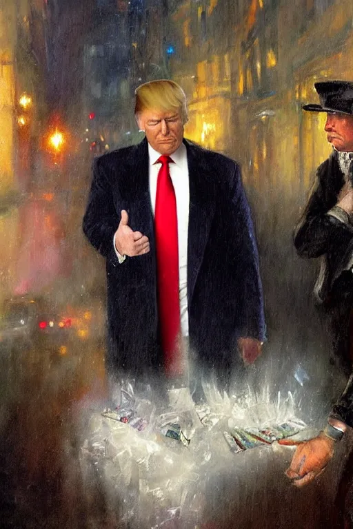 Image similar to donald trump buying drugs from vladimir putin in a dark raining city alley by adrian smith and wlop and vladimir volegov and alexander averin and delphin enjolras