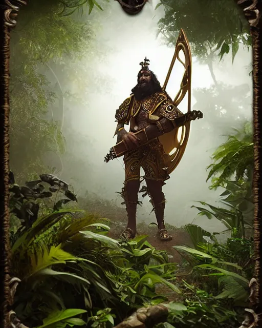 Image similar to spanish conquistador wearing ornate armor in a dense foggy jungle environment by disney and miyazaki, octane, intricate, hearthstone