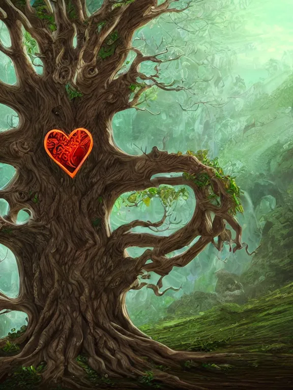 Prompt: A beautiful digital illutration painting of a detailed fantasy tree with a heart carved in the trunk by, 8k resolution deviantart trending on Artstation concept art digital illustration