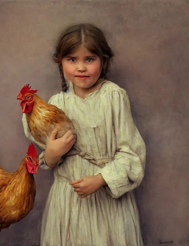 Image similar to portrait of little peasant girl holding a chicken, cottage core, cinematic focus, polaroid photo bleached vintage pastel colors high - key lighting, soft lights, foggy, by steve hanks, by lisa yuskavage, by serov valentin, by tarkovsky, 8 detailed, oil on canvas