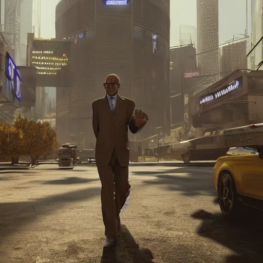 Prompt: gustavo fring from breaking bad smiling like a maniac, walking in a futuristic city, luxury, 4 k, high detail, unreal engine, cyberpunk, blur, artstation craig mullins