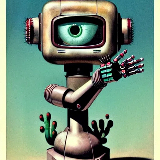 Prompt: medium shot 1950s retro cactus robot, Bionic Arms and eyes. muted colours. by Jean-Baptiste Monge