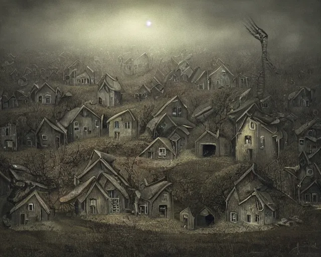 Prompt: a painting of an eerie small village on the tongue of a huge otherworldly creature, by anton semenov
