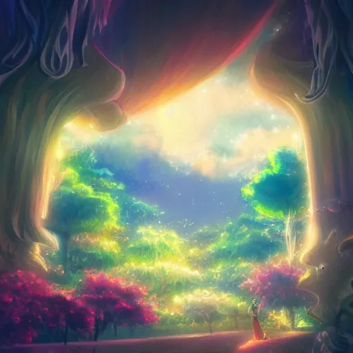 Image similar to a heavenly dream view from the interior of my cozy dream world filled with color from a Makoto Shinkai oil on canvas inspired pixiv dreamy scenery art majestic fantasy scenery fantasy pixiv scenery art inspired by magical fantasy exterior illumination of awe and wonderful magical lantern world