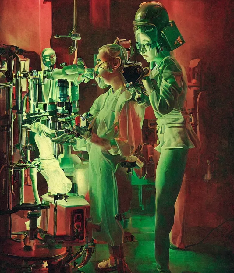 Image similar to a female mad scientist building a humanoid robot - man, in a darkly lit laboratory room, 1 9 5 0 s horror movie poster style, norman rockwell oil painting, tight shot, close - up shot, retro science fiction, vintage, saturated pink and green lighting, shadowy lighting, cohesive